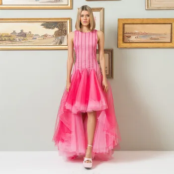 2023 קוטור פשוטה גבוהות נמוכות שמלות ערב ללא שרוולים קפלים טול לנשף רשמי שמלת צבעים מעורבים, נשים שמלות ערב מכירה חמה