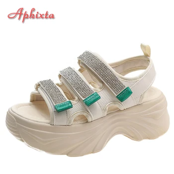 Aphixta הקיץ יוקרה גבישים 5cm פלטפורמת סנדלי נשים טריז עקבים בצבע בז ' נעליים מתכוונן Hook & Loop מגניב החוף שקופיות