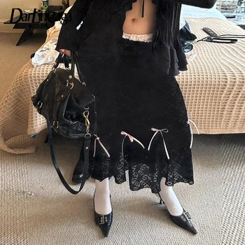 Darlingaga לוליטה שיק מותן נמוכה תחרה, חצאית שחורה קשת אלגנטי אופנה מסיבת החצאית הארוכה נשים Coquett בגדים יפנית Y2K התחתונה.