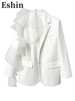 Eshin נשים לבן קפלים גדול גודל בלייזר חדש דש שרוול ארוך מתאים רופף מעיל אופנה האביב הסתיו 2023 מקסימום חליפה TH3470