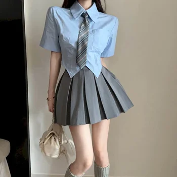 JK המדים קיץ יפני קוריאני סגנון חליפות שמלת נשים אביזרי כחול בסגנון קצר שרוול החולצה גבוהה עם קו מותן קפלים חצאית סט