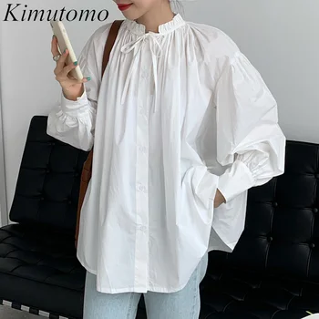 Kimutomo שיק רפוי תחרה קפלים שרוך לקשור חולצה אישה אלגנטית מוצק פשוטה אחת השד פנס שרוול העליון קוריאה 2022 חדש