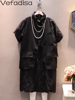 Vefadisa 2023 קיץ חדש לנשים שמלת החולצה שחור מוצק מקרית מזויף שני חלקים אישית אופנתי ילדה חופשי השמלה ZY1073