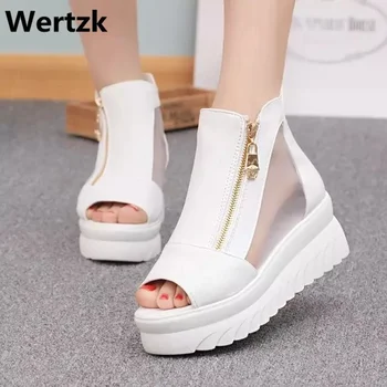 Wertzk את חדש האביב והקיץ 2019 דגי פה נעליים פלחי פנאי עמיד למים בעובי התחתון גזה סנדלי נעלי נשים E290