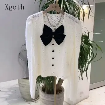 Xgoth בציר קשת החולצה צוואר מרובע קשת סאטן תחרה העליון של נשים 2023SS אלגנטי, חולצה נשית רב-תכליתי עם שרוולים ארוכים בתחתית החולצה