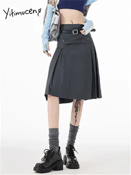 Yitimuceng בציר חגורת קפלים החצאית החדשה אופנה מקרית מוצק עם קו מותן גבוה חצאיות לנשים 2023 שיק רפוי חצאיות באורך הברך