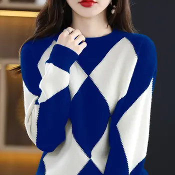 יהלום צבע הדפסה החדרת לסרוג סוודר צוואר עגול שרוול ארוך סוודר סוודר סגנון קוריאני מזדמן סוודר סתיו החורף 2022