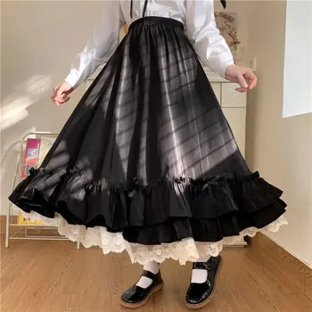 יפנית מוצק צבע לוליטה חצאית נשים שכבה כפולה וינטאג ' צרפתי פרע את קו החצאית הפבורן חצאית שחורה נשית חצאיות ארוכות