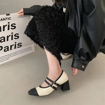 נעלי נשים 2023 חם מכירה מרי Janes אבזם רצועה של נשים עקבים גבוהים אלגנטי מחודד בוהן התאמת צבע נעלי נשים נעליים