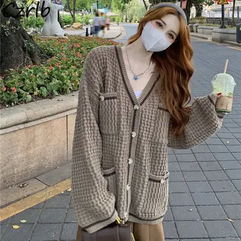 סוודרים לנשים מכרז סגנון קוריאני נשים סרוגים אלגנטית מתוקה אחת עם חזה חופשי הלבשה עליונה אופנת רחוב ארוך שרוול נקבה