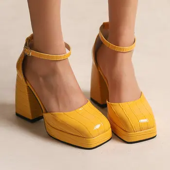 צהוב לבן מרובע סגור הבוהן הפלטפורמה נשים מרי ג ' יין משאבות גדולה במיוחד בגודל 48 49 50 נשים כפות רגליים גדולות נעליים שמנמן עקבים סנדלים