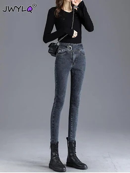 קוריאני שיק הטבעת כפתור רזה למתוח עיפרון מכנסי ג 'ינס נשי מזדמן למתוח את הקרסול באורך נשים מכנסיים כל-התאמה נשים ג' ינס
