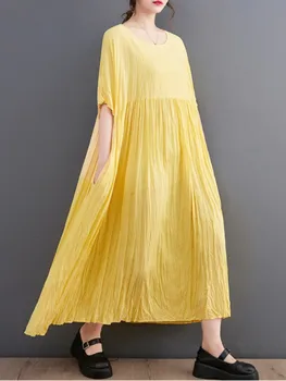 קוריאני שרוול קצר מנופחים כותנה פשתן בציר שמלות לנשים מזדמנים רופף ארוך שמלות קיץ נשים בגדים 2023 החלוק